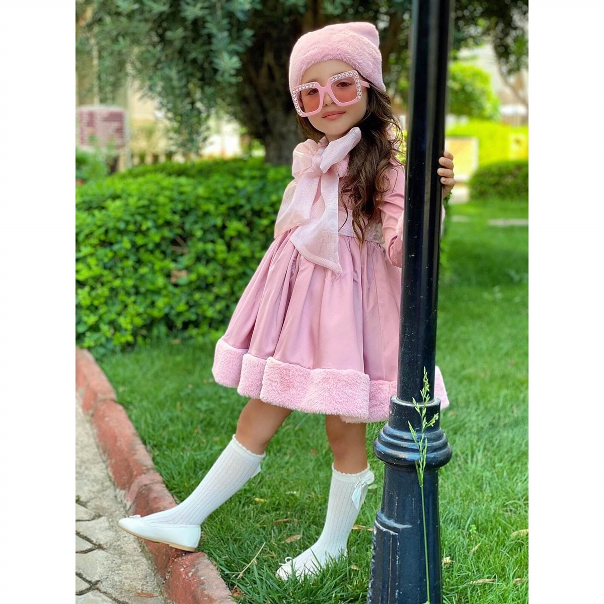 Kız Çocuk Kürk Detaylı Pembe Elbiseli Kombin-Kid Girl Dresses-QuzucukKids.com