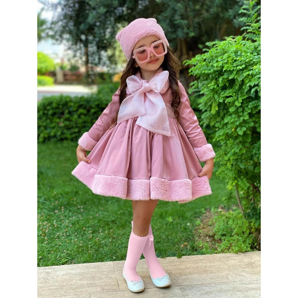 Kız Çocuk Kürk Detaylı Pembe Elbiseli Kombin-Kid Girl Dresses-QuzucukKids.com
