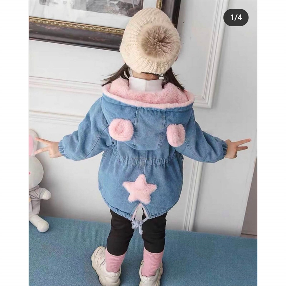 Kız Çocuk Kürklü Yıldız Figürlü Kot Ceket-Kız Çocuk Tek Alt & Üst-QuzucukKids.com