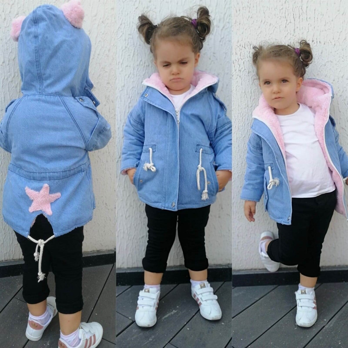 Kız Çocuk Kürklü Yıldız Figürlü Kot Ceket-Kız Çocuk Tek Alt & Üst-QuzucukKids.com