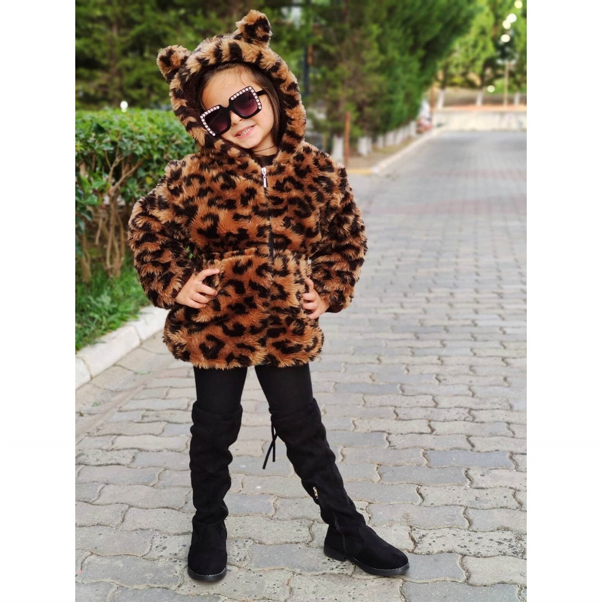 Kız Çocuk Leopar Desenli Peluş Ceket-Kız Çocuk Mont-QuzucukKids.com