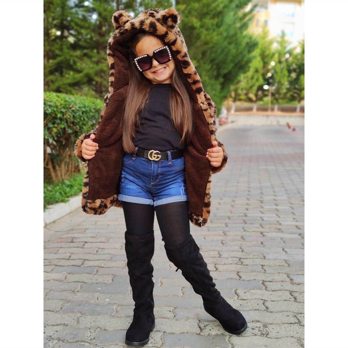 Kız Çocuk Leopar Desenli Peluş Ceket-Kız Çocuk Mont-QuzucukKids.com