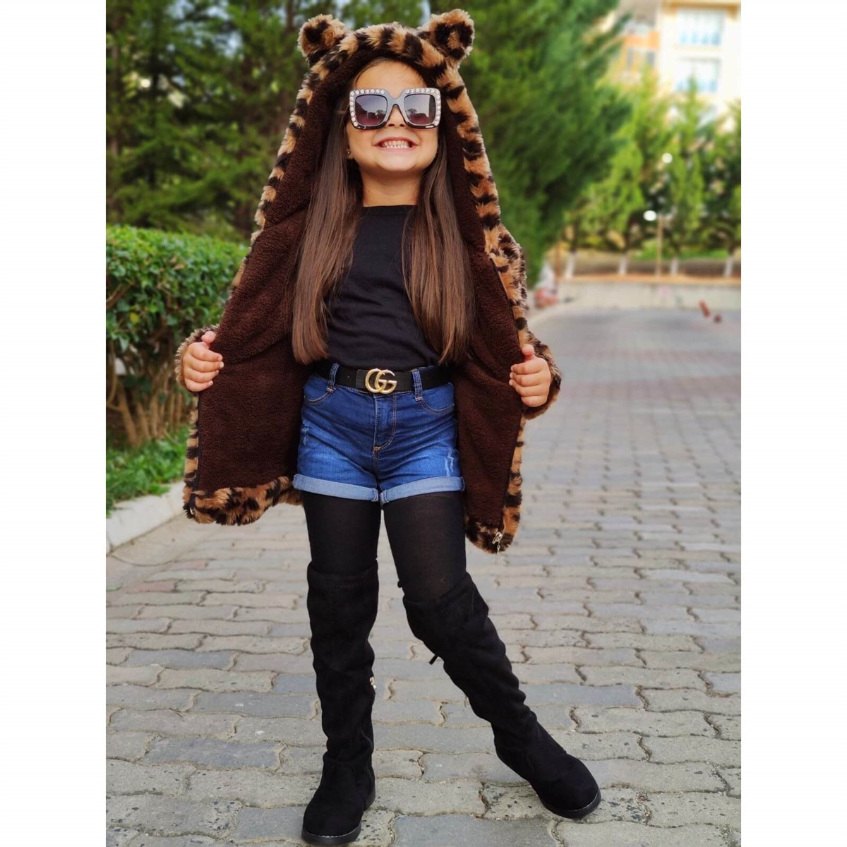Kız Çocuk Leopar Desenli Peluş Ceket-Kız Çocuk Mont-QuzucukKids.com