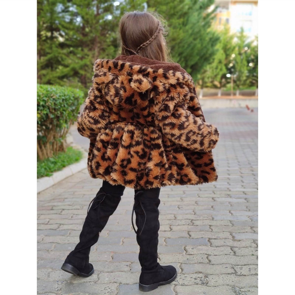 Kız Çocuk Leopar Desenli Peluş Ceket-Kız Çocuk Mont-QuzucukKids.com