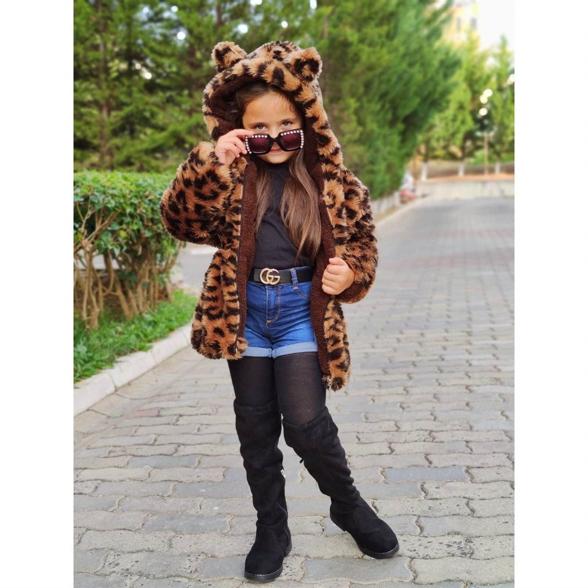 Kız Çocuk Leopar Desenli Peluş Ceket-Kız Çocuk Mont-QuzucukKids.com