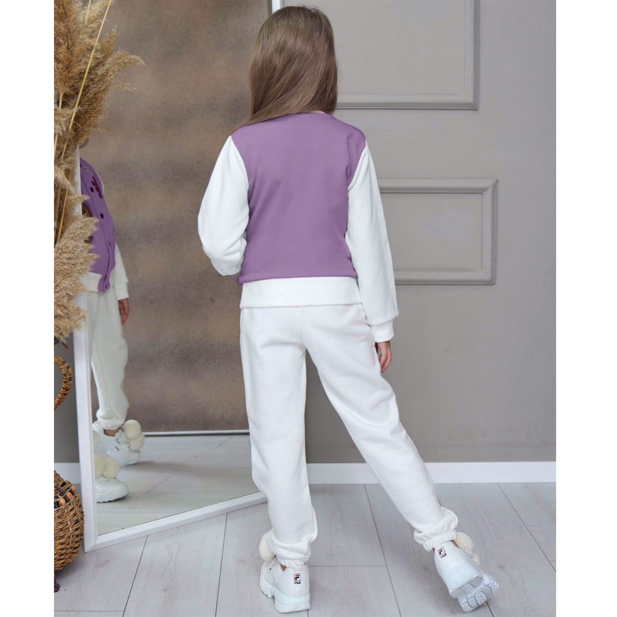 Kız Çocuk Lila Eşofman Bomper Kolej Ceket Takım-Kız Çocuk Alt Üst Takım-Kız Çocuk Pembe Eşofman Bomper Kolej Ceket Takım | QuzucukKids.com-QuzucukKids.com