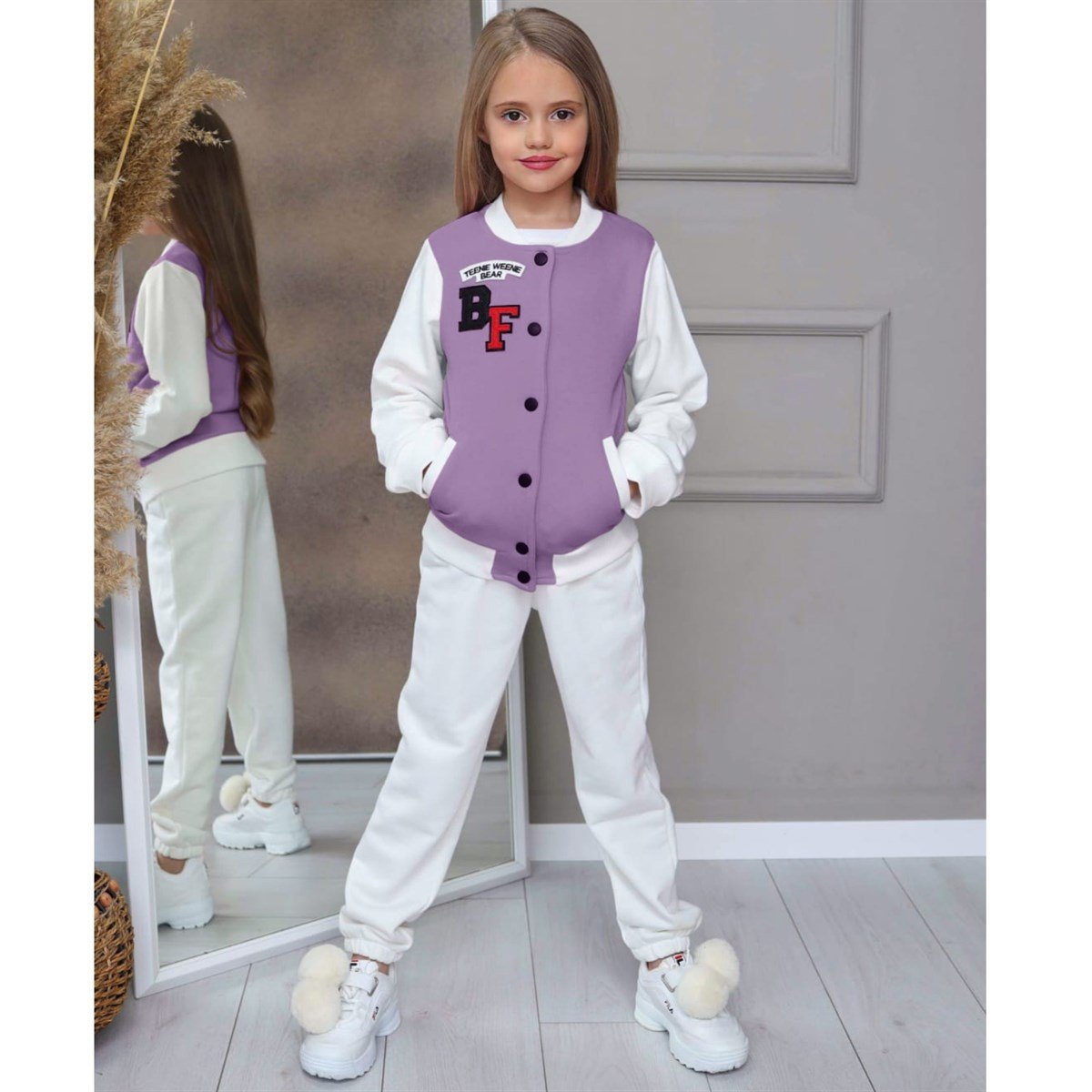 Kız Çocuk Lila Eşofman Bomper Kolej Ceket Takım-Kız Çocuk Alt Üst Takım-Kız Çocuk Pembe Eşofman Bomper Kolej Ceket Takım | QuzucukKids.com-QuzucukKids.com