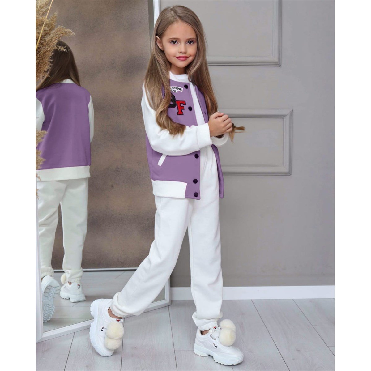 Kız Çocuk Lila Eşofman Bomper Kolej Ceket Takım-Kız Çocuk Alt Üst Takım-Kız Çocuk Pembe Eşofman Bomper Kolej Ceket Takım | QuzucukKids.com-QuzucukKids.com