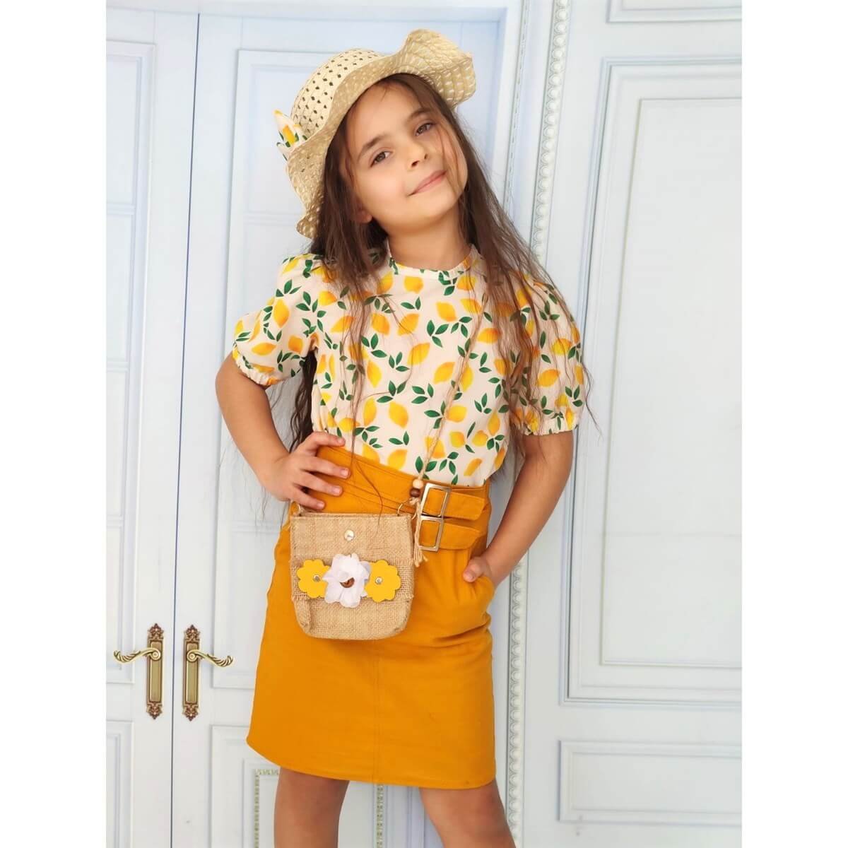 Kız Çocuk Limon Figürlü Etekli Sarı Takım-Kız Çocuk Alt Üst Takım-QuzucukKids.com