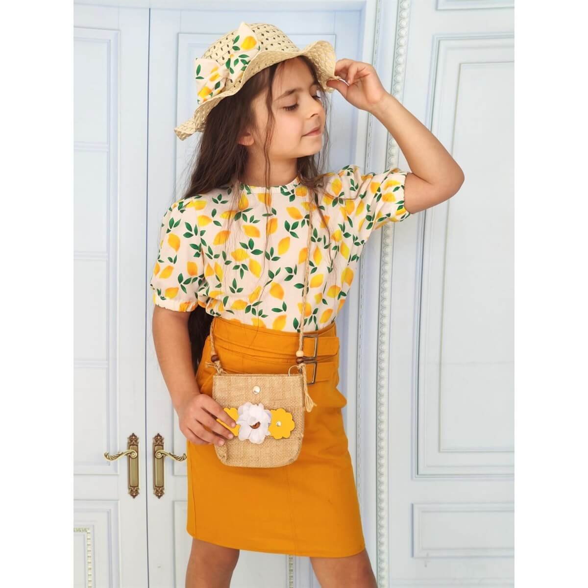 Kız Çocuk Limon Figürlü Etekli Sarı Takım-Kız Çocuk Alt Üst Takım-QuzucukKids.com