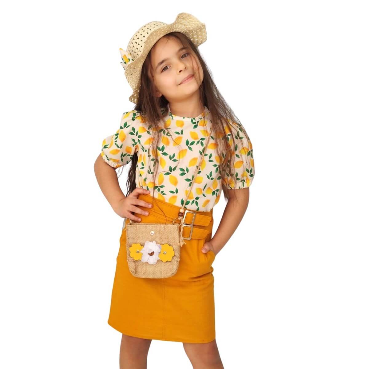 Kız Çocuk Limon Figürlü Etekli Sarı Takım-Kız Çocuk Alt Üst Takım-QuzucukKids.com