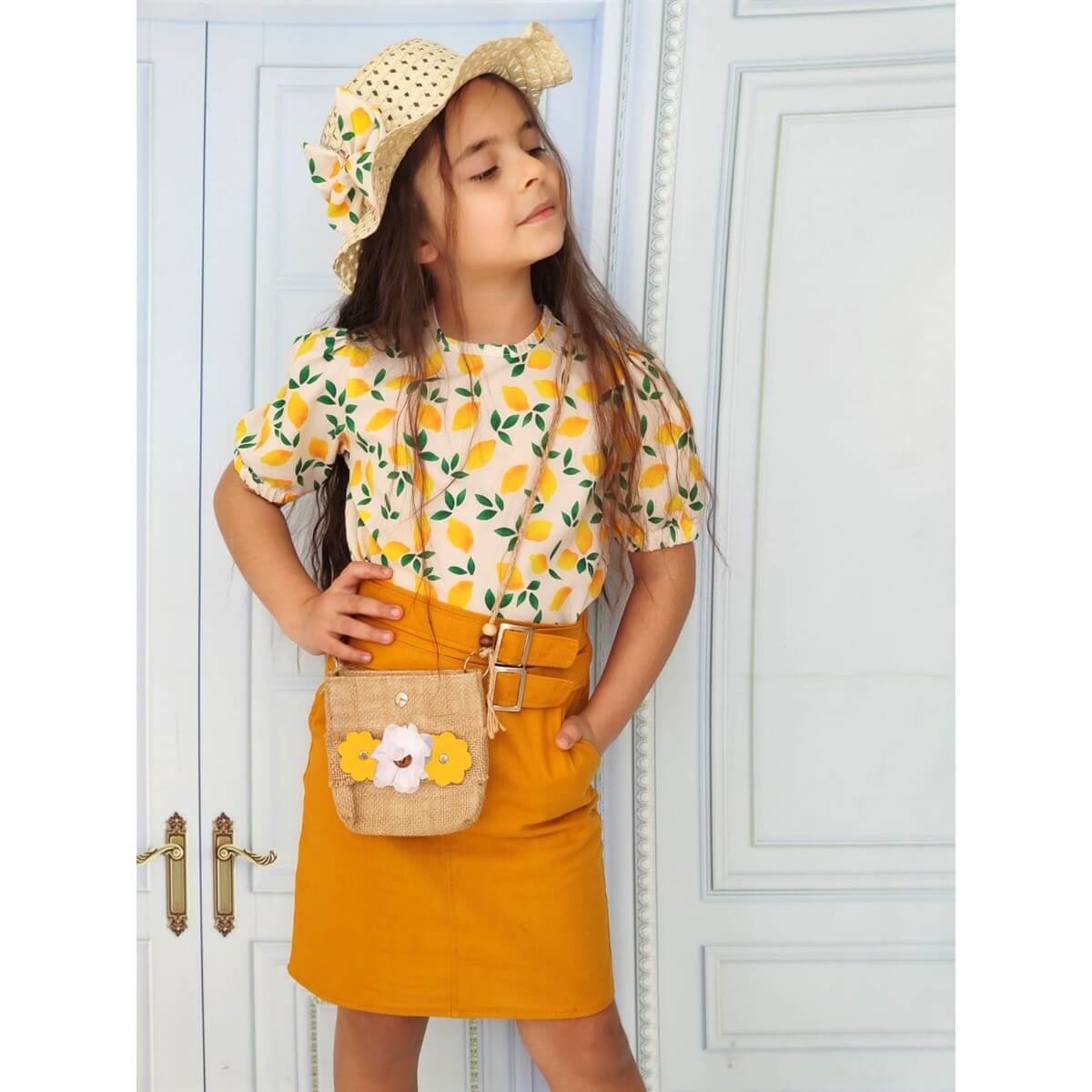 Kız Çocuk Limon Figürlü Etekli Sarı Takım-Kız Çocuk Alt Üst Takım-QuzucukKids.com