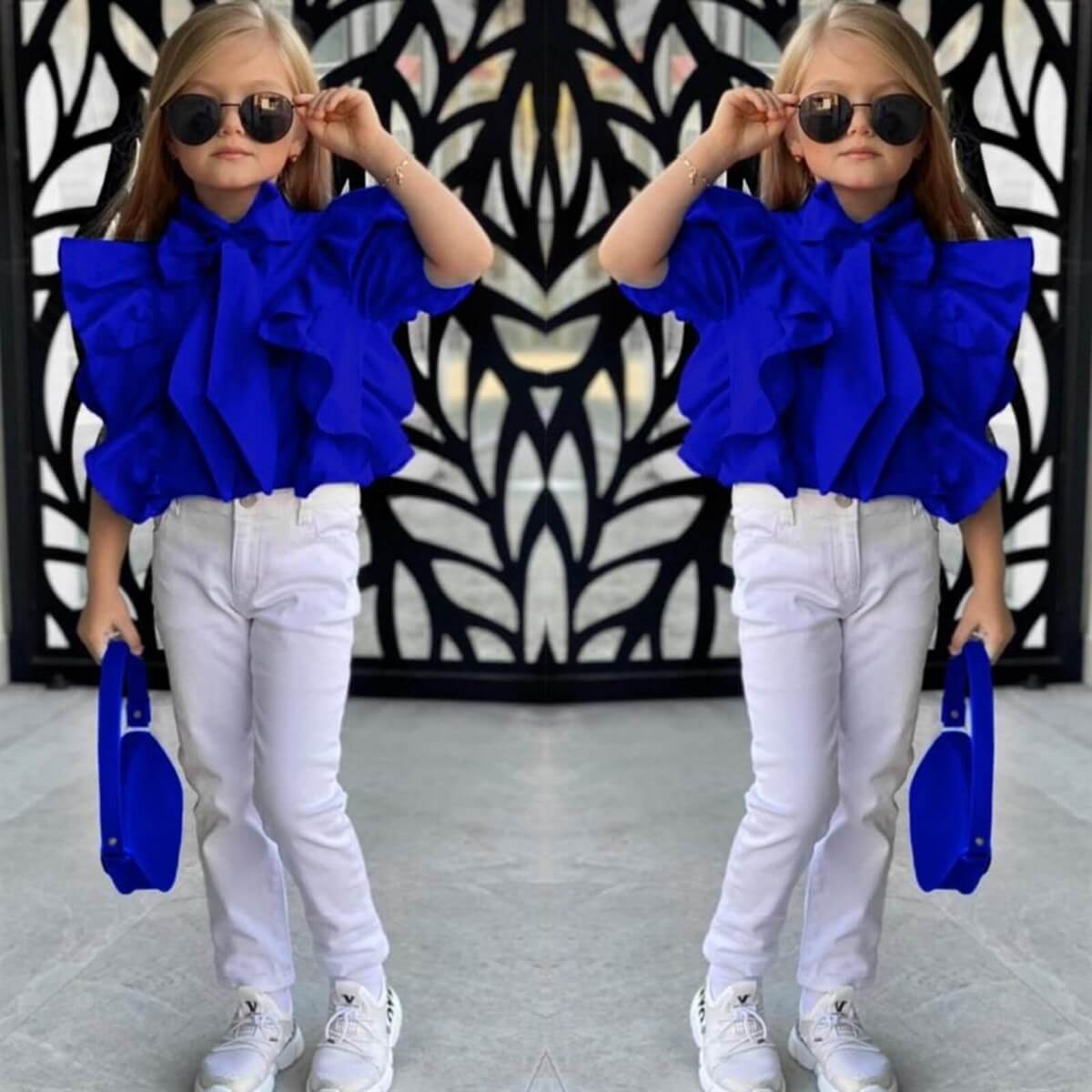 Kız Çocuk Mavi Çantalı Pantolon Takım-Kız Çocuk Alt Üst Takım-QuzucukKids.com