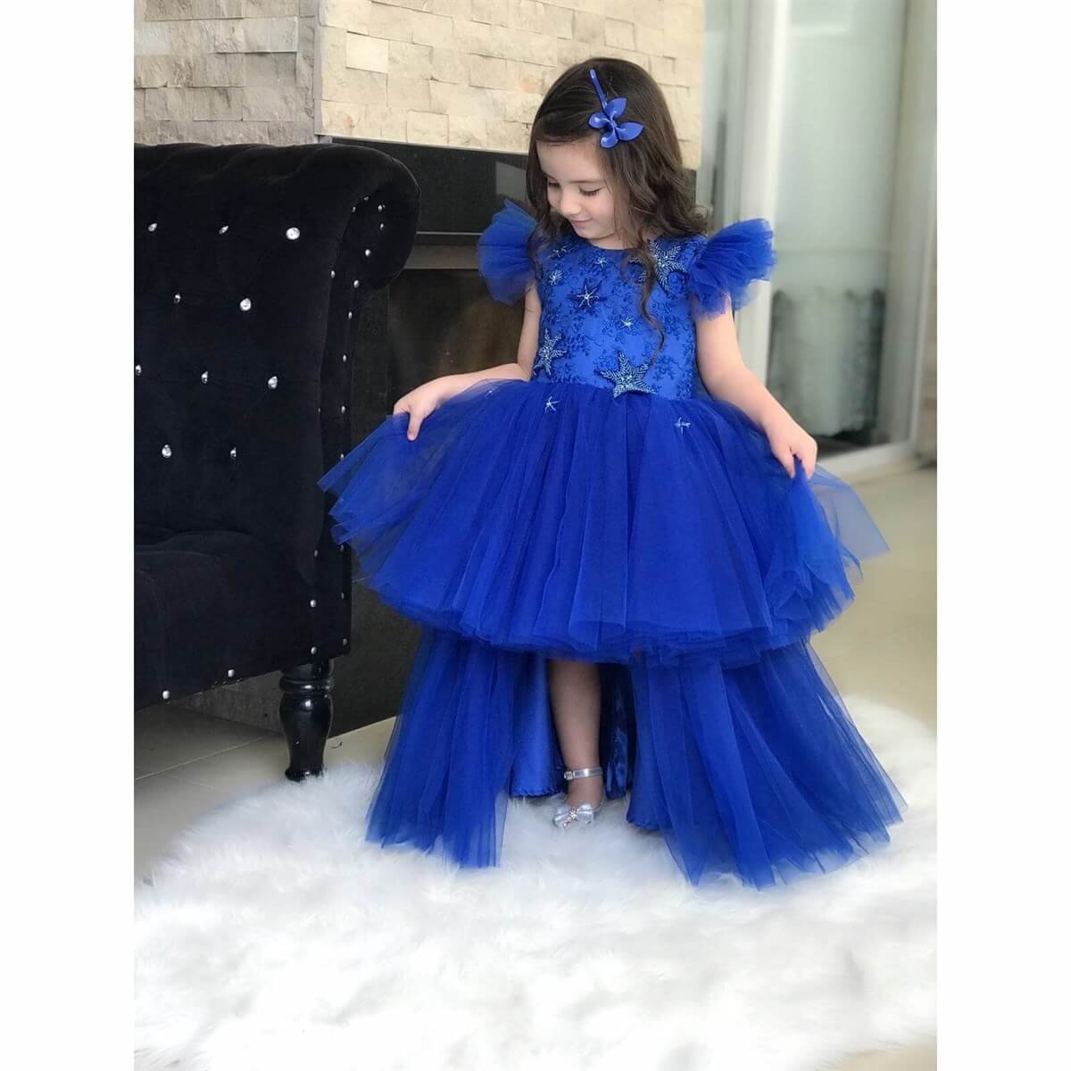 Kız Çocuk Mavi El İşlemesi Prenses Elbise-Sezon Ürünleri-QuzucukKids.com