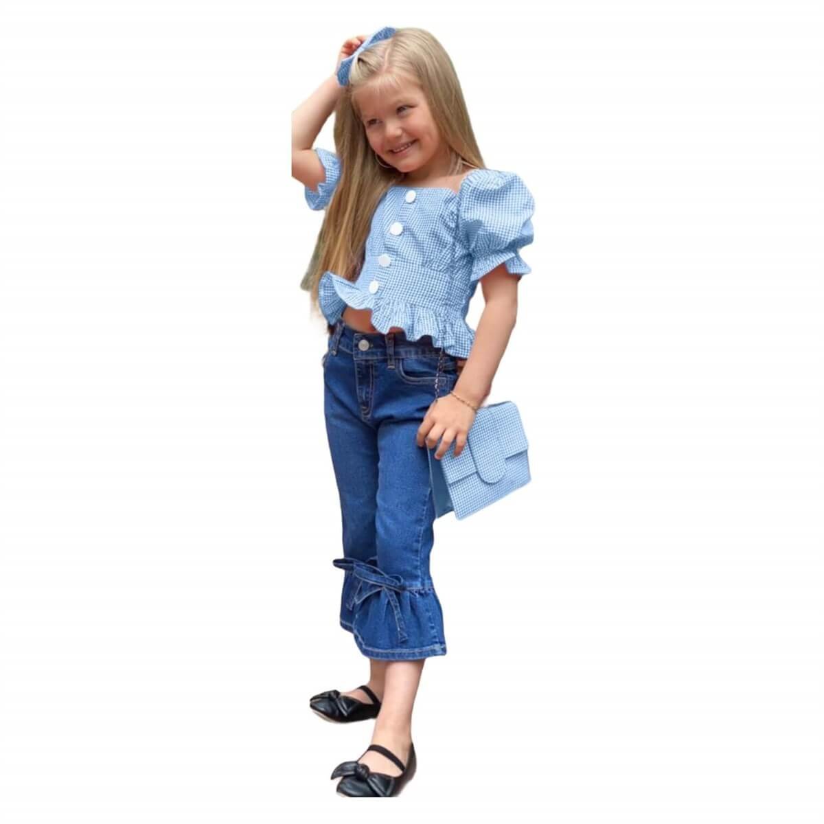 Kız Çocuk Mavi Pitikareli Çantalı Takım-Kız Çocuk Alt Üst Takım-QuzucukKids.com