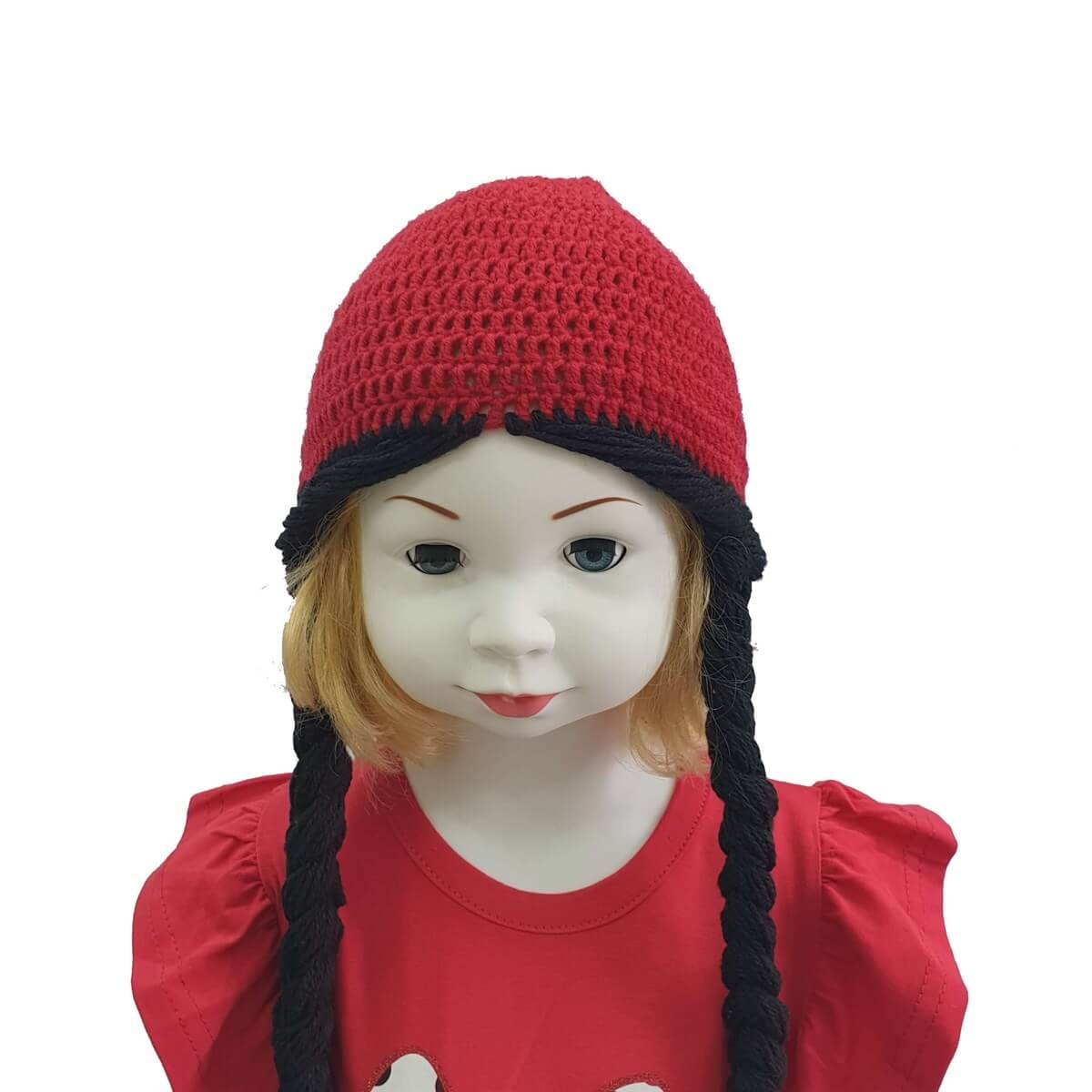 Kız Çocuk Örgülü El Yapımı Kırmızı Bere-Sezon Ürünleri-QuzucukKids.com