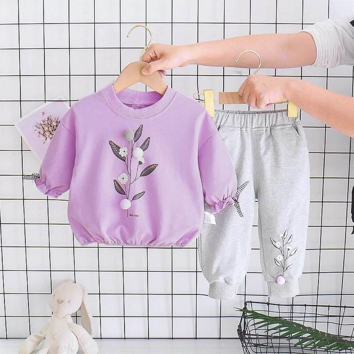 Kız Çocuk Pamuk Figürlü Mor Eşofman Takımı-Kız Çocuk Alt Üst Takım-QuzucukKids.com