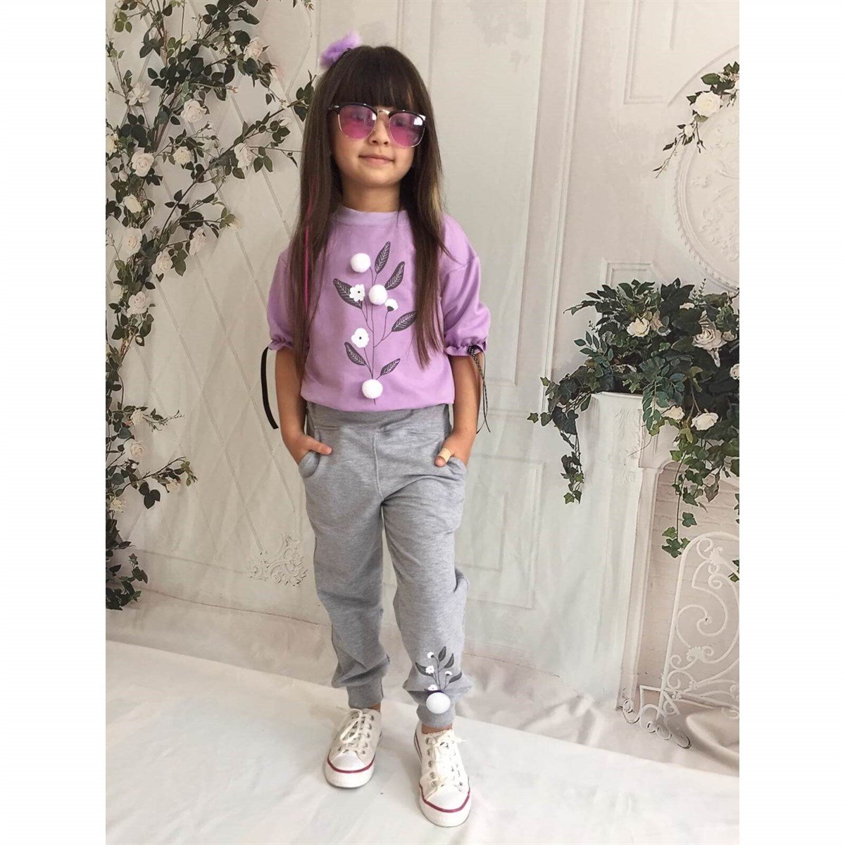 Kız Çocuk Pamuk Figürlü Mor Eşofman Takımı-Kız Çocuk Alt Üst Takım-QuzucukKids.com