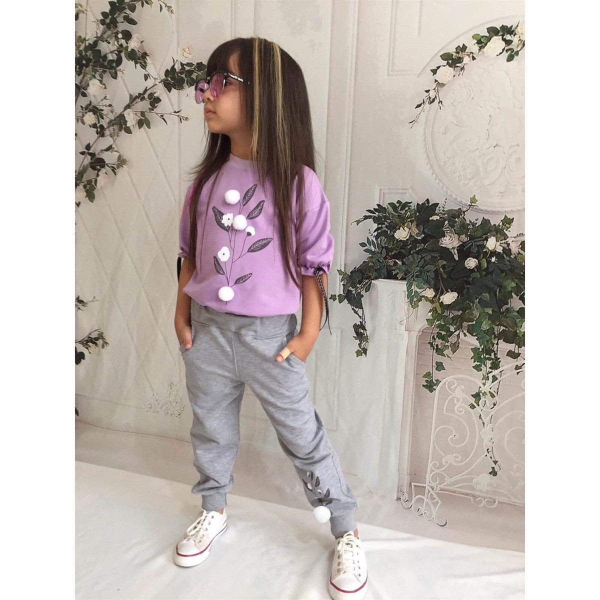 Kız Çocuk Pamuk Figürlü Mor Eşofman Takımı-Kız Çocuk Alt Üst Takım-QuzucukKids.com