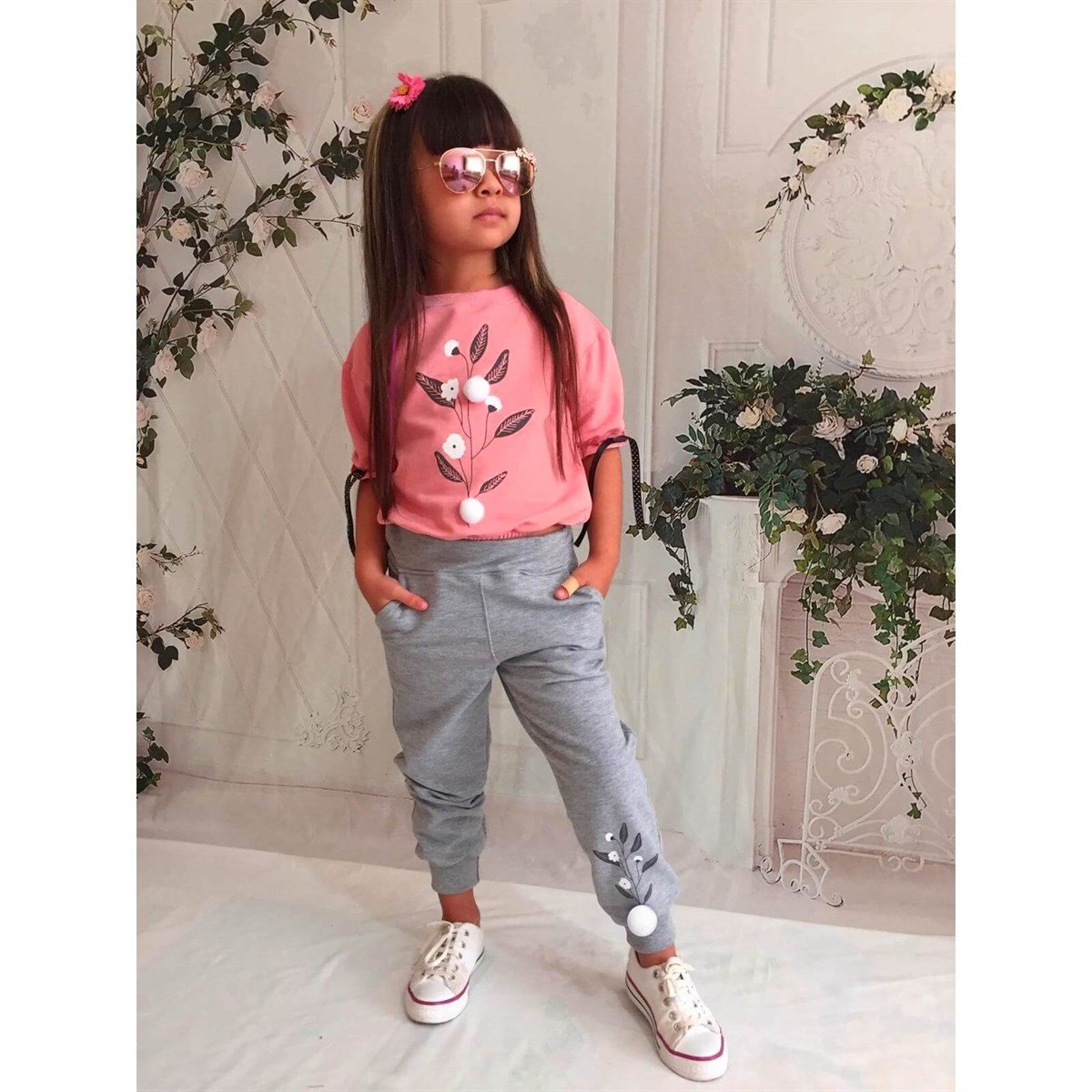 Kız Çocuk Pamuk Figürlü Pembe Eşofman Takımı-Kız Çocuk Alt Üst Takım-QuzucukKids.com