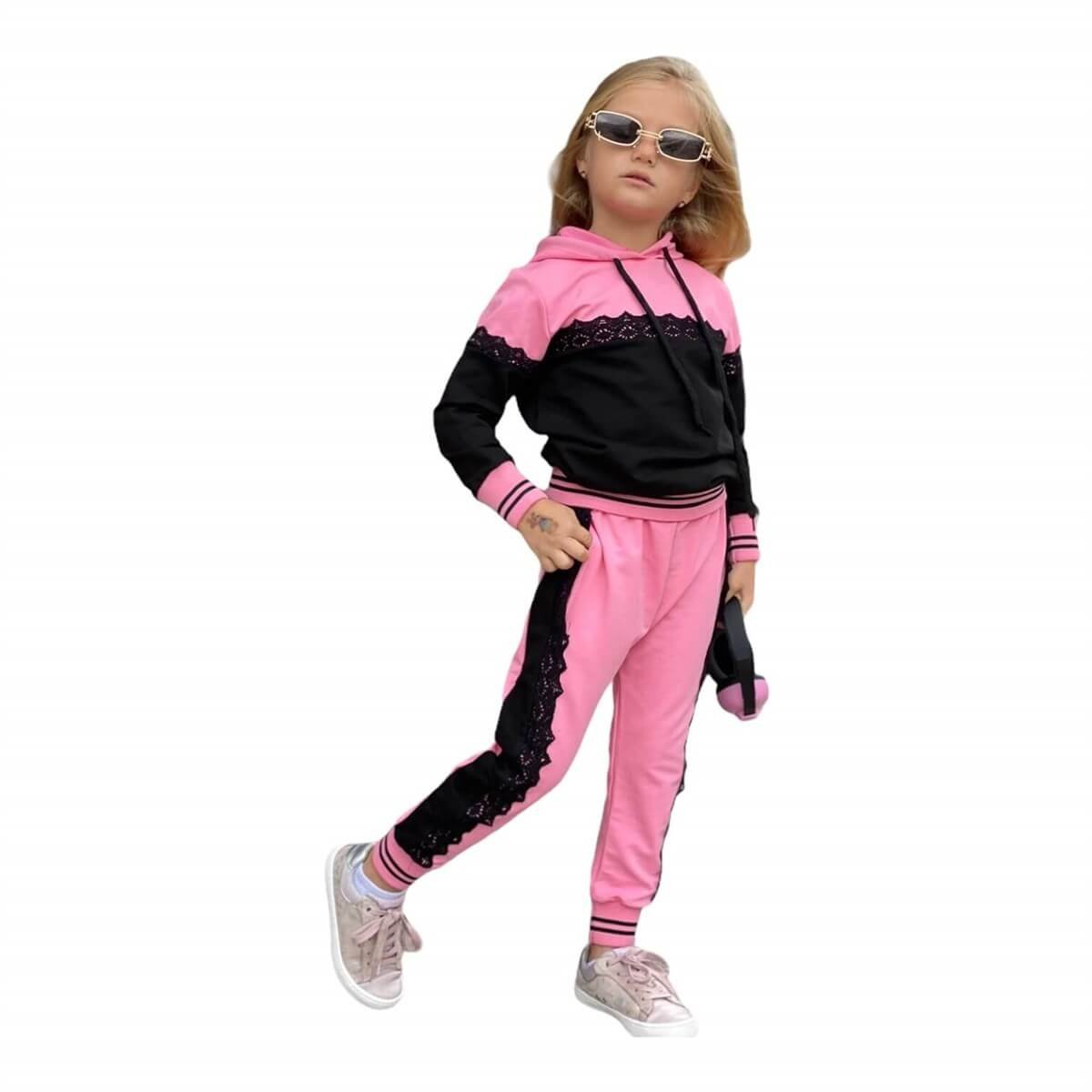 Kız Çocuk Pembe Eşofman Takımı Güpürlü-Kız Çocuk Alt Üst Takım-QuzucukKids.com