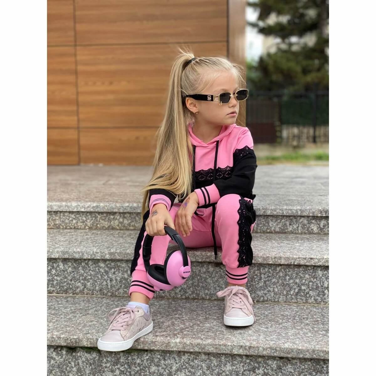 Kız Çocuk Pembe Eşofman Takımı Güpürlü-Kız Çocuk Alt Üst Takım-QuzucukKids.com