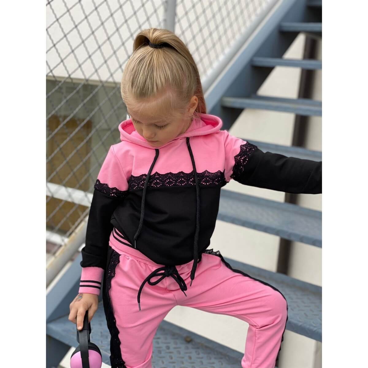 Kız Çocuk Pembe Eşofman Takımı Güpürlü-Kız Çocuk Alt Üst Takım-QuzucukKids.com