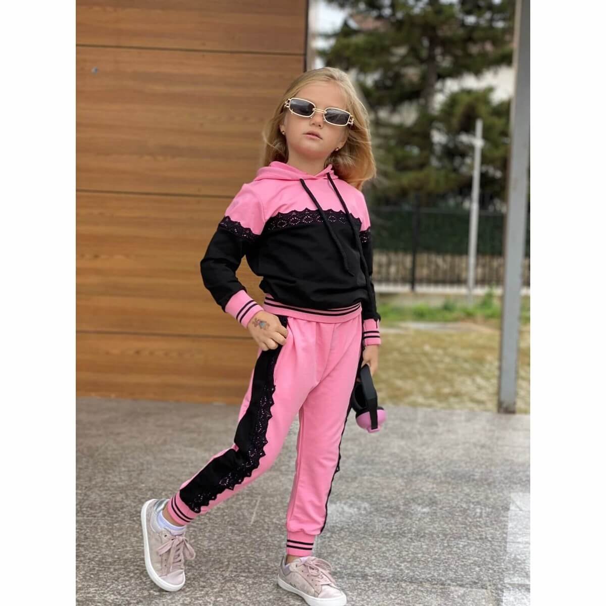 Kız Çocuk Pembe Eşofman Takımı Güpürlü-Kız Çocuk Alt Üst Takım-QuzucukKids.com