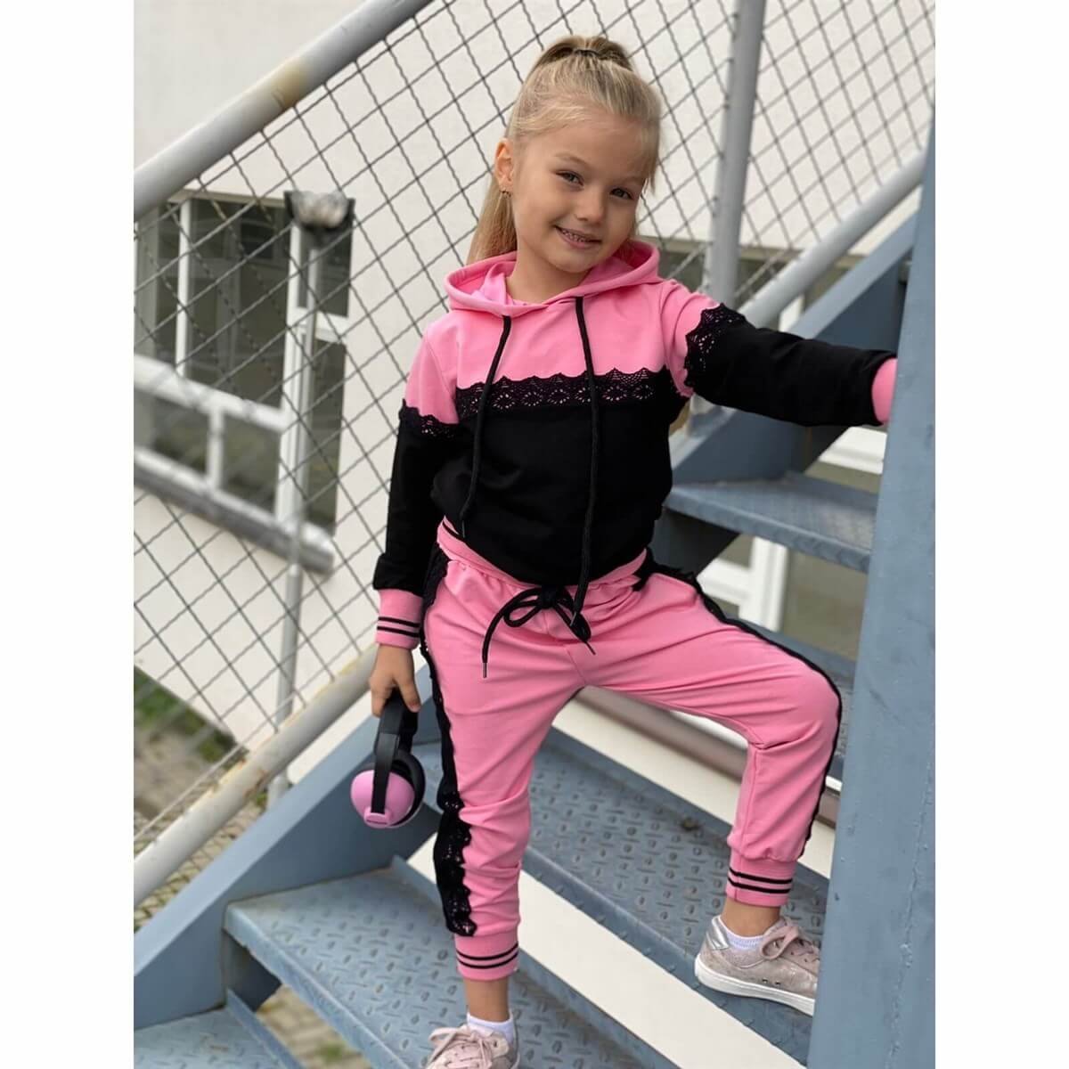 Kız Çocuk Pembe Eşofman Takımı Güpürlü-Kız Çocuk Alt Üst Takım-QuzucukKids.com