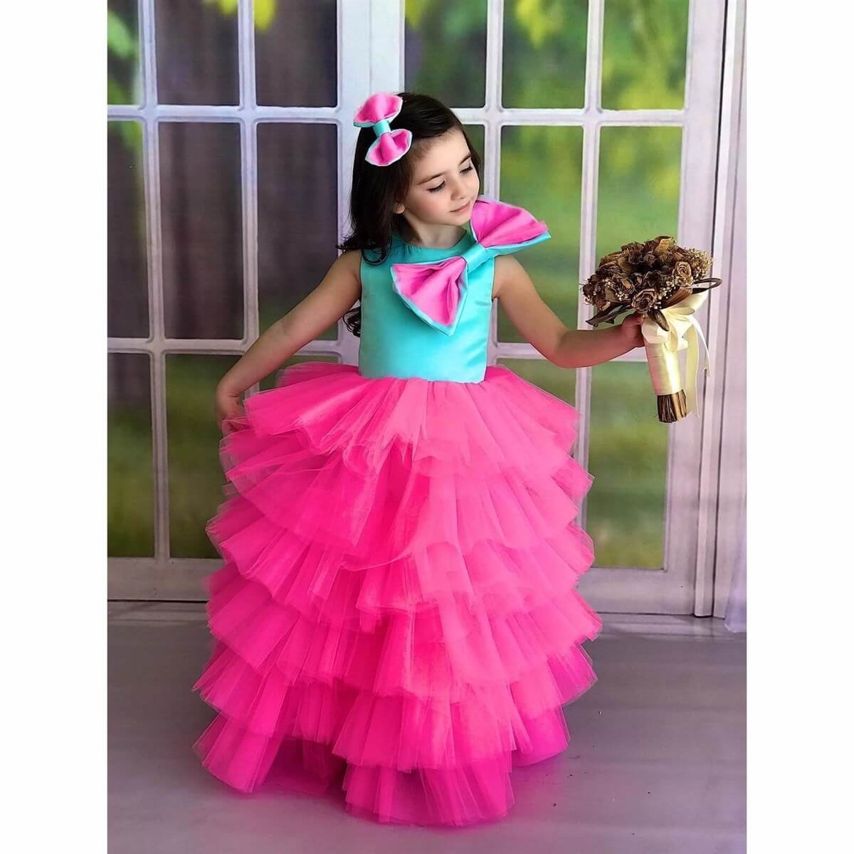 Kız Çocuk Pembe Prenses Elbise-Kid Girl Dresses-QuzucukKids.com
