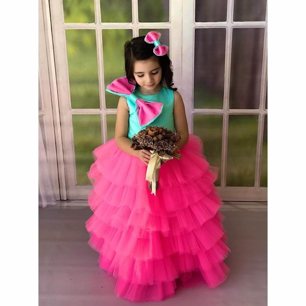 Kız Çocuk Pembe Prenses Elbise-Kid Girl Dresses-QuzucukKids.com