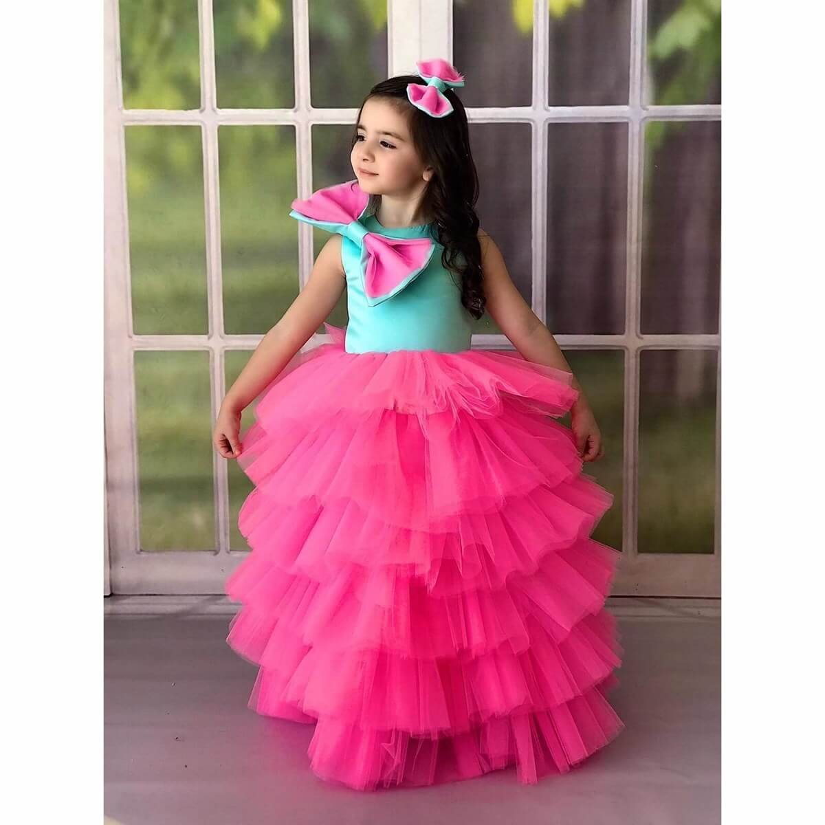 Kız Çocuk Pembe Prenses Elbise-Kid Girl Dresses-QuzucukKids.com