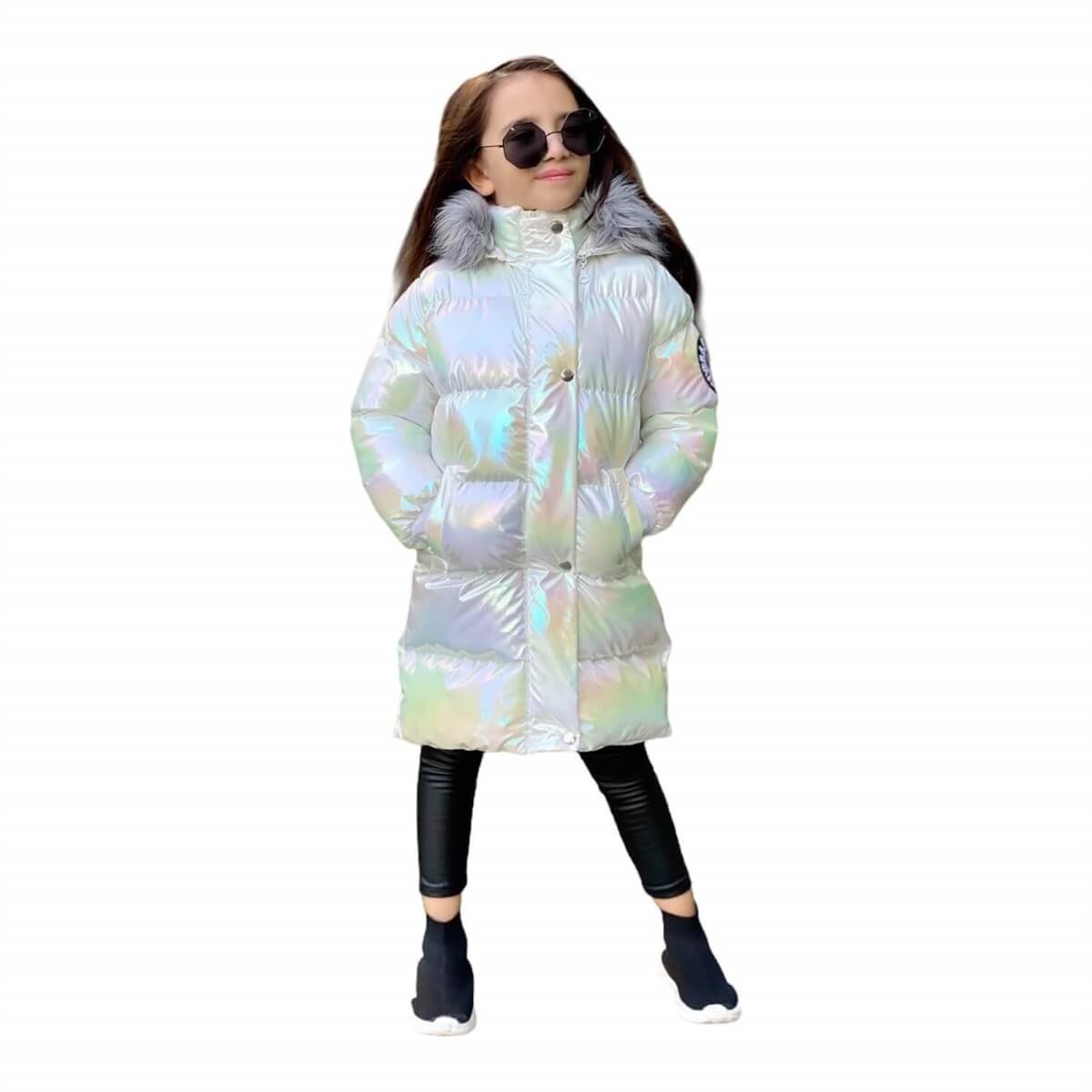 Kız Çocuk Petrol Beyaz Uzun Şişme Mont-Kız Çocuk Mont-QuzucukKids.com