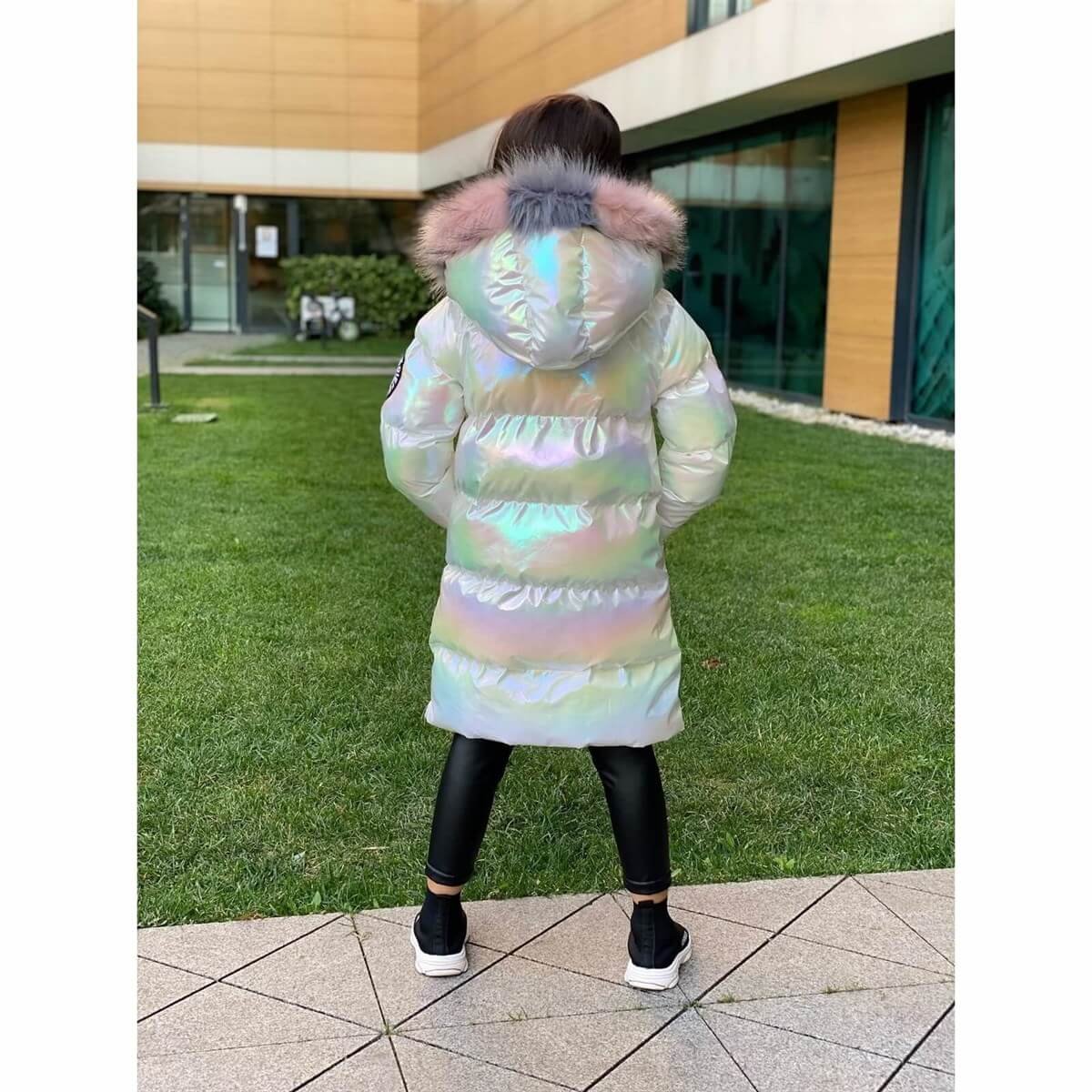 Kız Çocuk Petrol Beyaz Uzun Şişme Mont-Kız Çocuk Mont-QuzucukKids.com