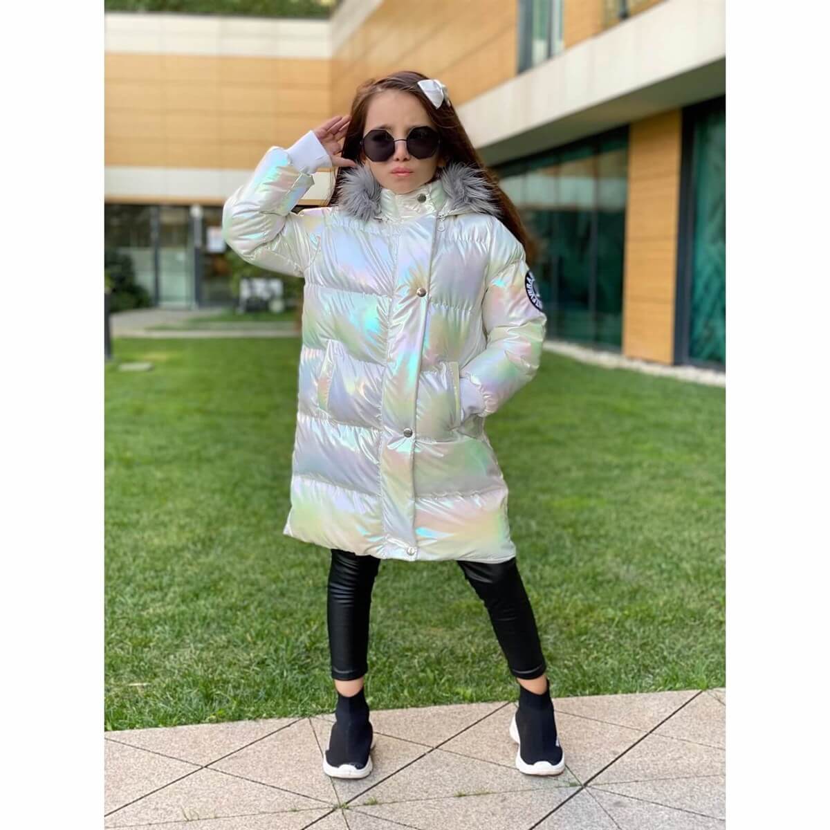 Kız Çocuk Petrol Beyaz Uzun Şişme Mont-Kız Çocuk Mont-QuzucukKids.com