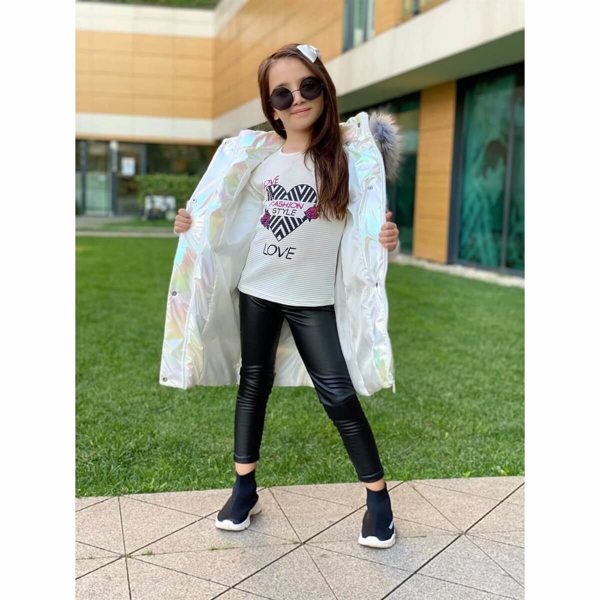 Kız Çocuk Petrol Beyaz Uzun Şişme Mont-Kız Çocuk Mont-QuzucukKids.com