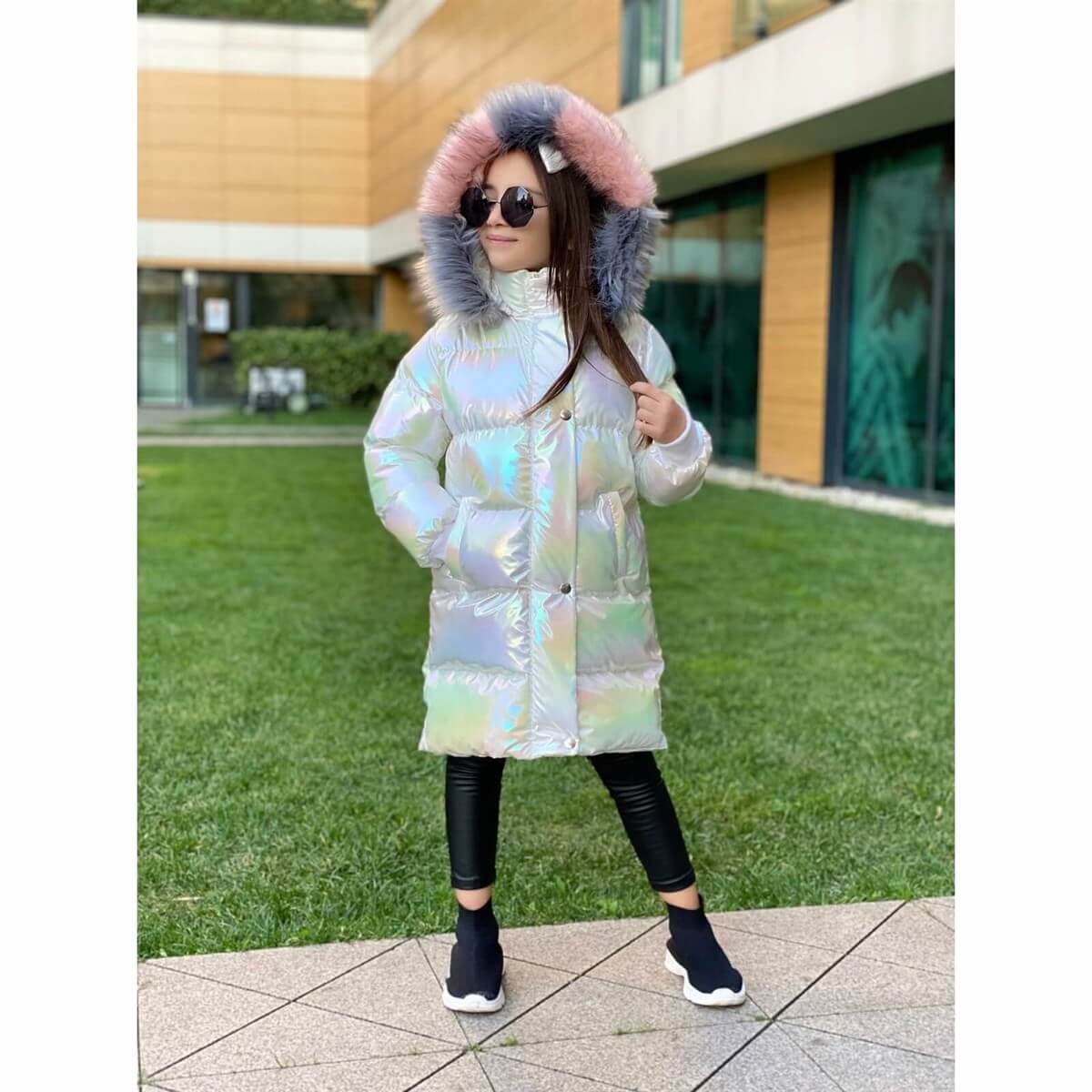 Kız Çocuk Petrol Beyaz Uzun Şişme Mont-Kız Çocuk Mont-QuzucukKids.com