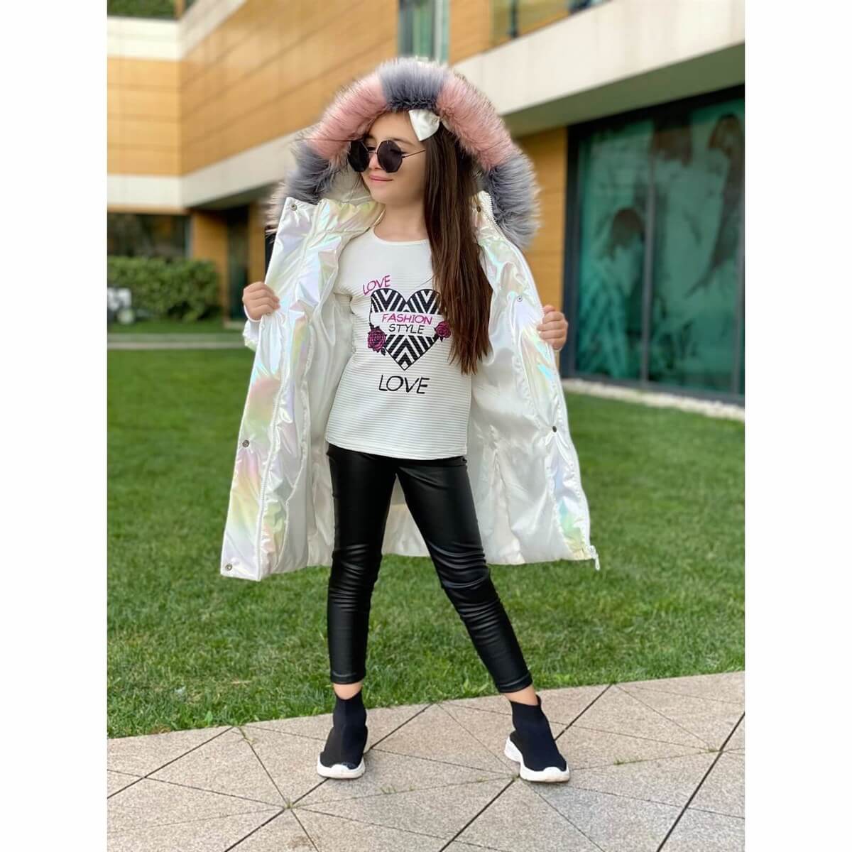 Kız Çocuk Petrol Beyaz Uzun Şişme Mont-Kız Çocuk Mont-QuzucukKids.com