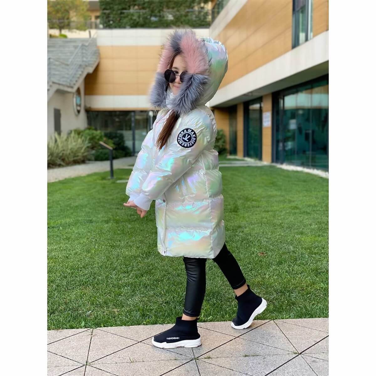 Kız Çocuk Petrol Beyaz Uzun Şişme Mont-Kız Çocuk Mont-QuzucukKids.com