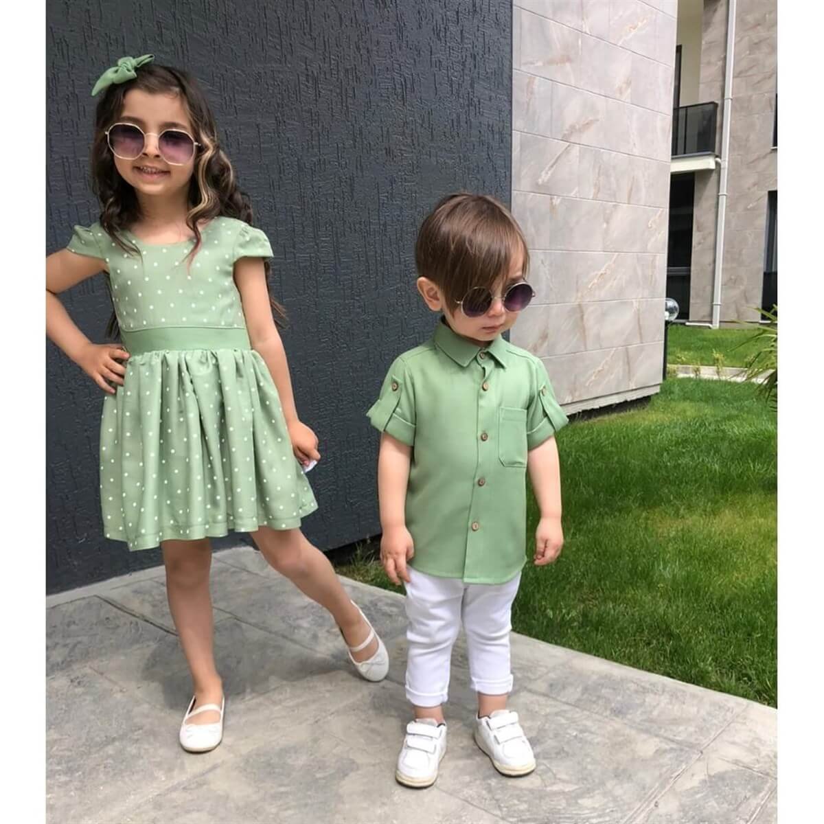 Kız Çocuk Puantiyeli Yeşil Elbise-Kız Çocuk Elbise-QuzucukKids.com