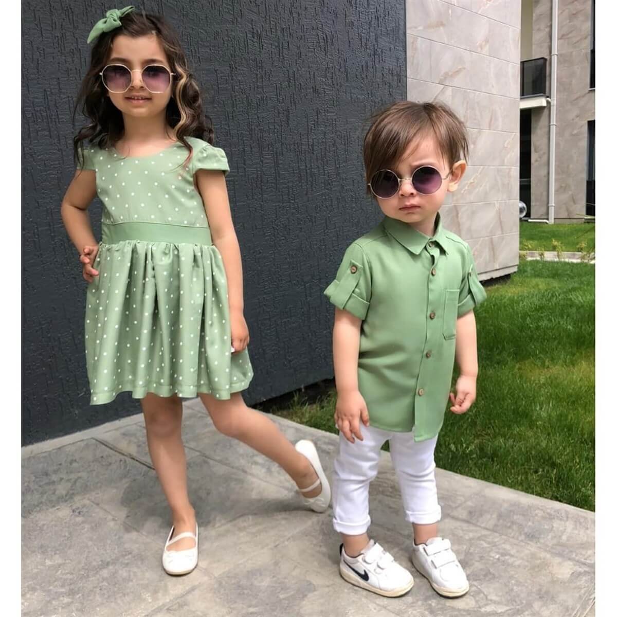 Kız Çocuk Puantiyeli Yeşil Elbise-Kız Çocuk Elbise-QuzucukKids.com