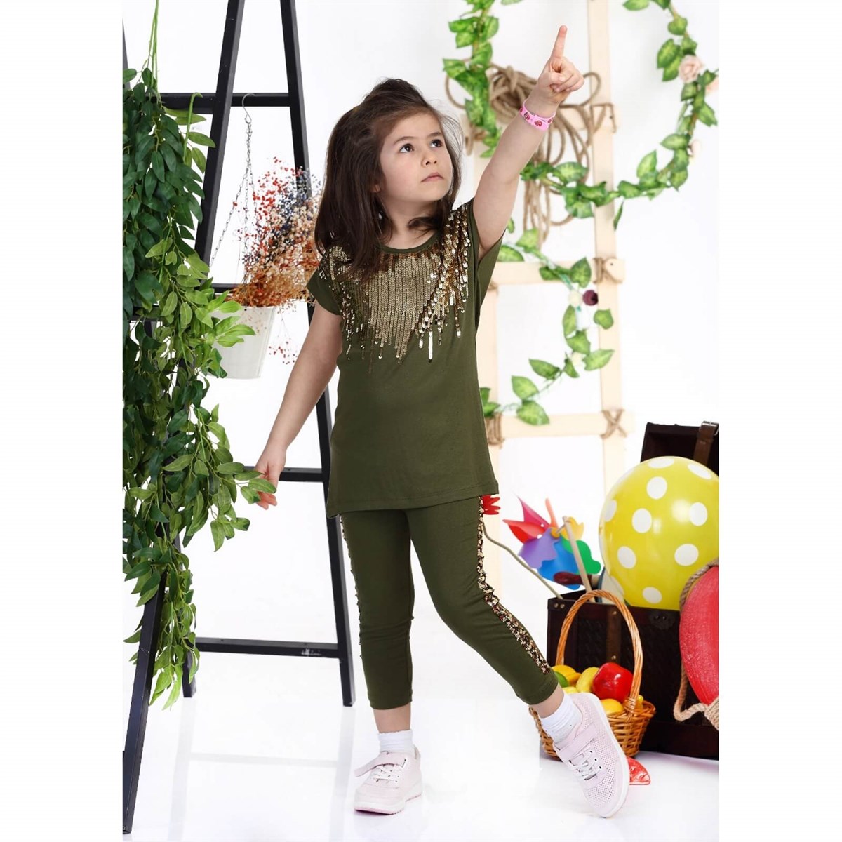 Kız Çocuk Pul Detaylı Taytlı Yazlık Takım-Kız Çocuk Alt Üst Takım-QuzucukKids.com