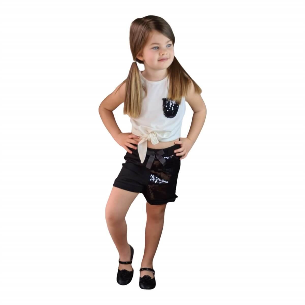 Kız Çocuk Pul Payetli Şort Beyaz Takım-Kız Çocuk Alt Üst Takım-QuzucukKids.com