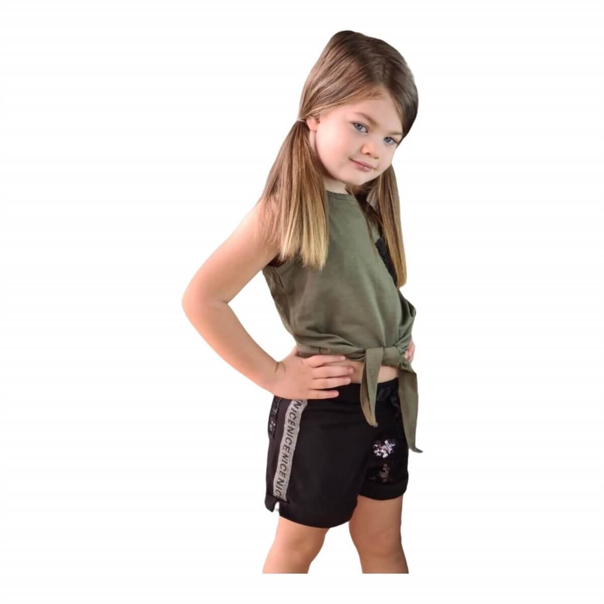 Kız Çocuk Pul Payetli Şort Yeşil Takım-Kid Girl Cloth Sets-QuzucukKids.com