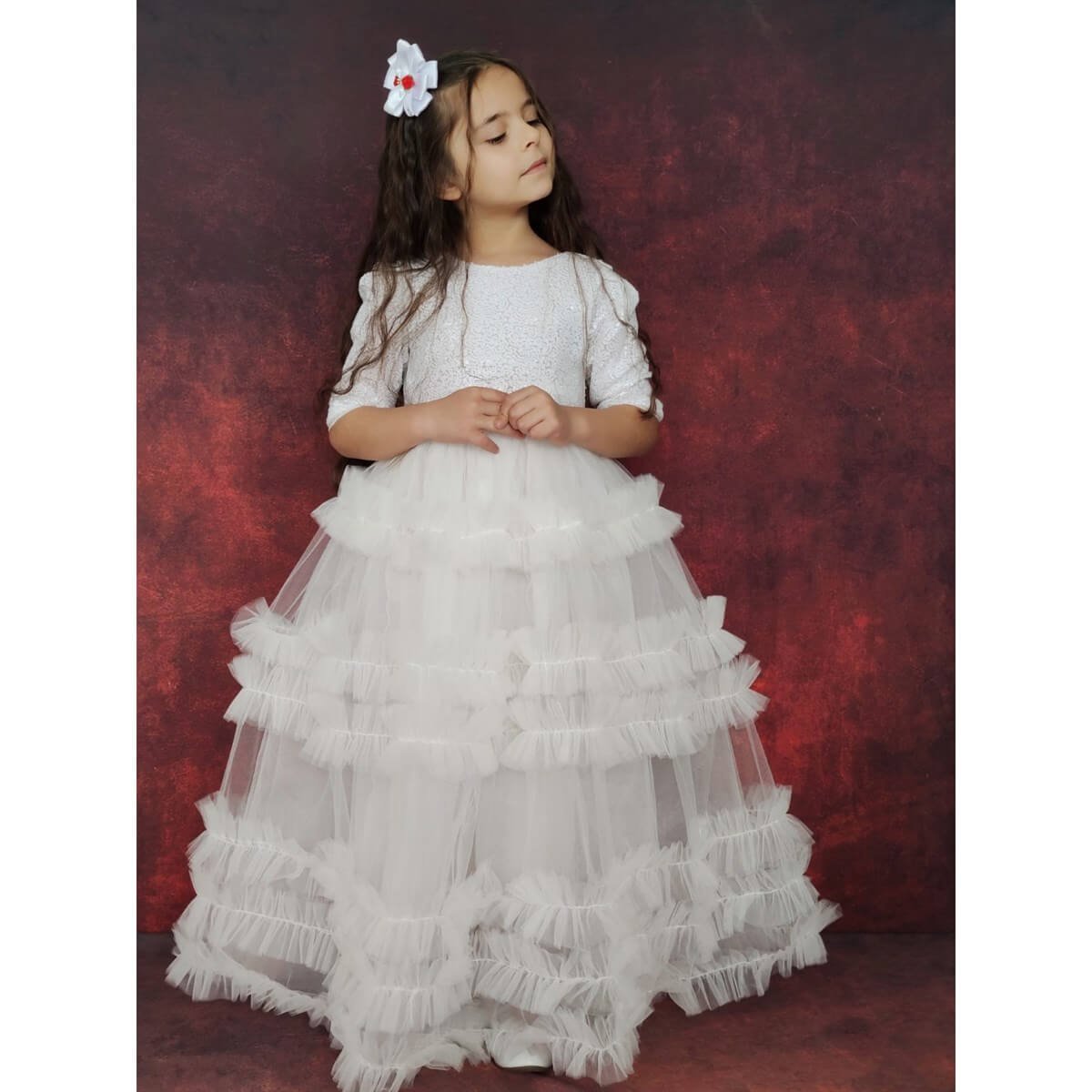 Kız Çocuk Pulpayet Detaylı Beyaz Prenses Elbise-Kız Çocuk Elbise-QuzucukKids.com