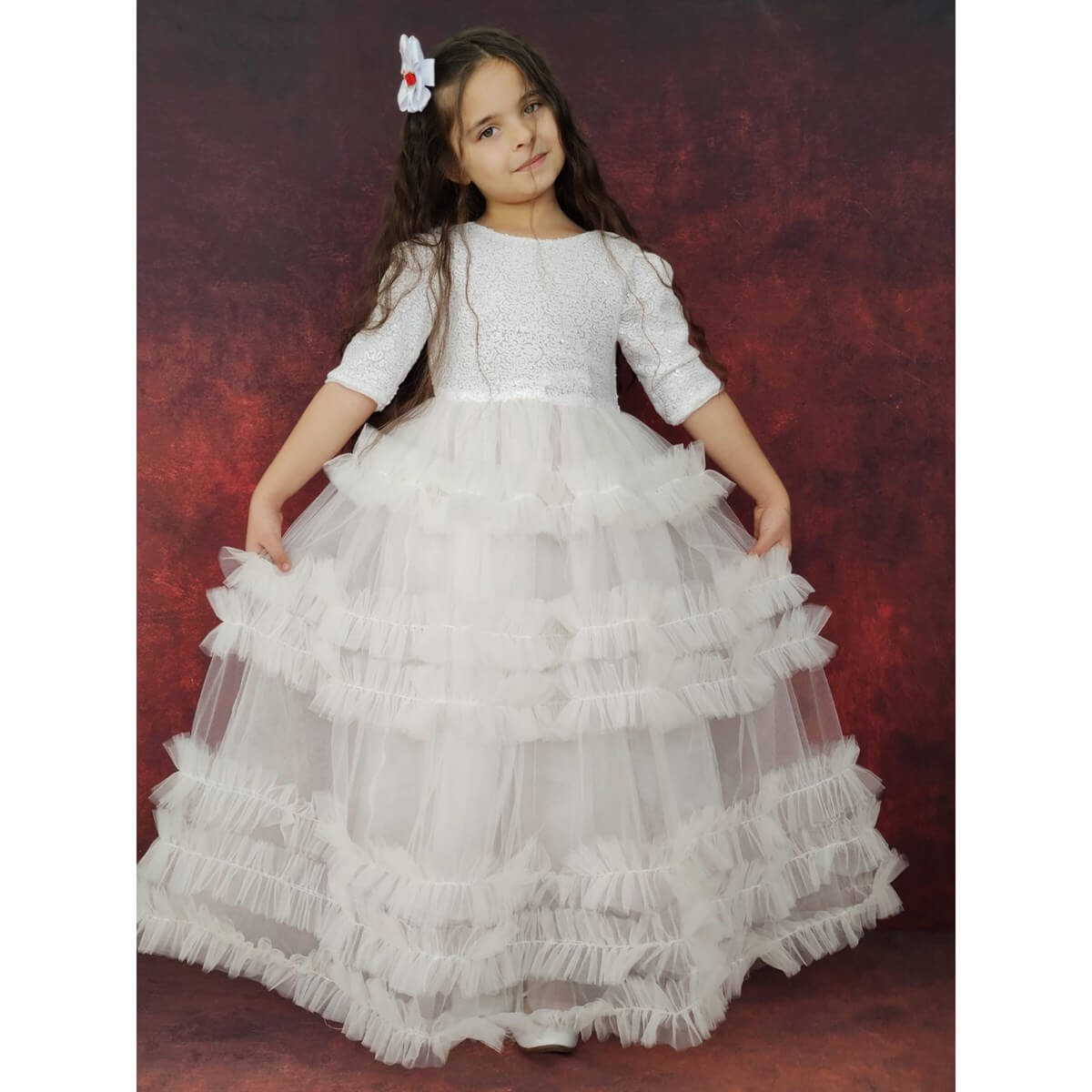 Kız Çocuk Pulpayet Detaylı Beyaz Prenses Elbise-Kız Çocuk Elbise-QuzucukKids.com