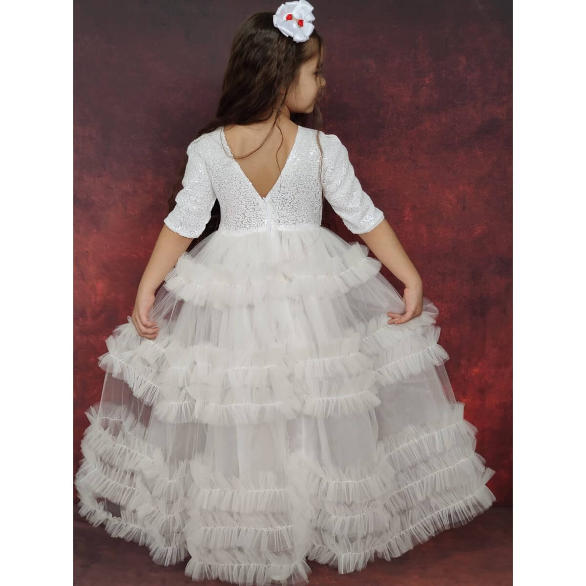 Kız Çocuk Pulpayet Detaylı Beyaz Prenses Elbise-Kız Çocuk Elbise-QuzucukKids.com