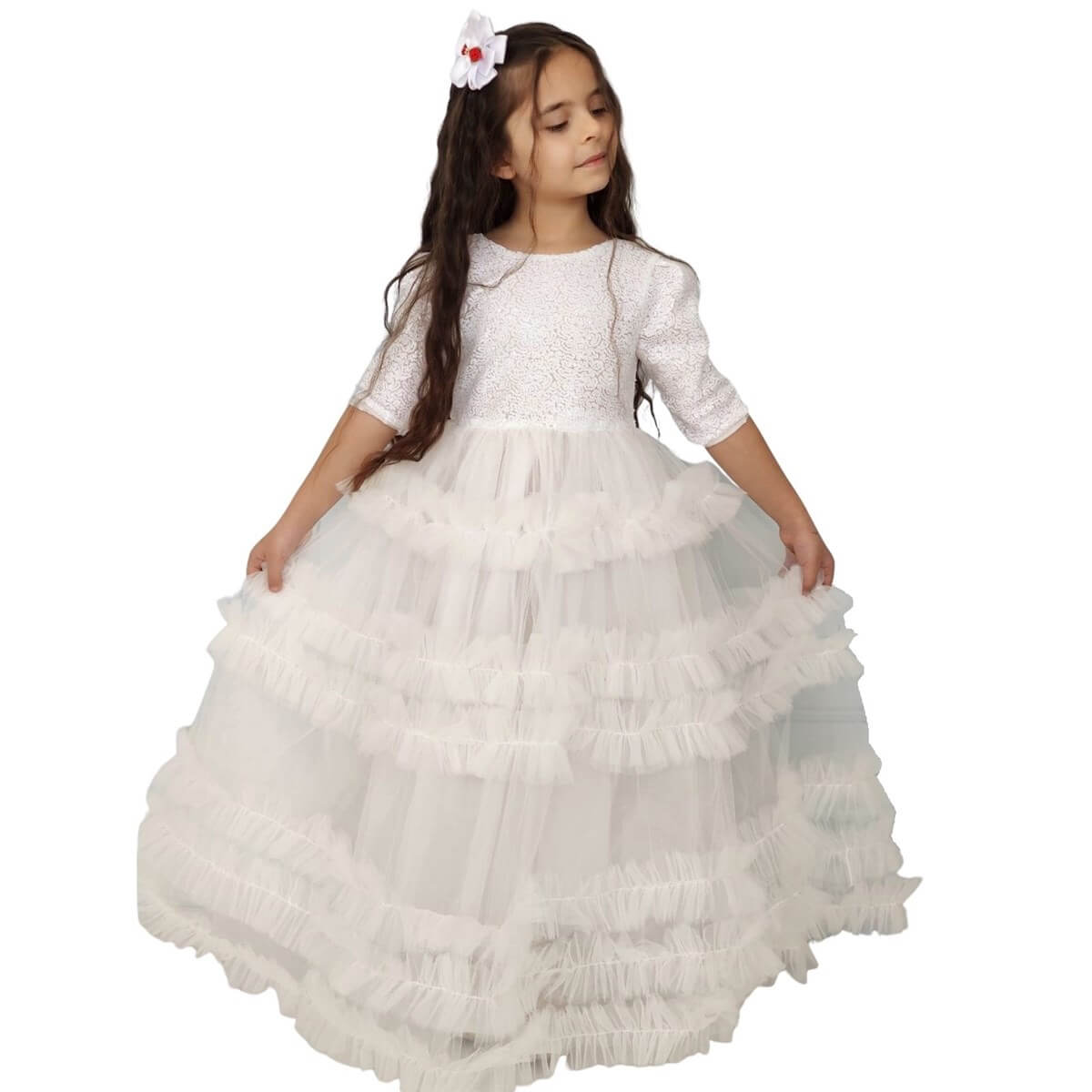 Kız Çocuk Pulpayet Detaylı Beyaz Prenses Elbise-Kız Çocuk Elbise-QuzucukKids.com