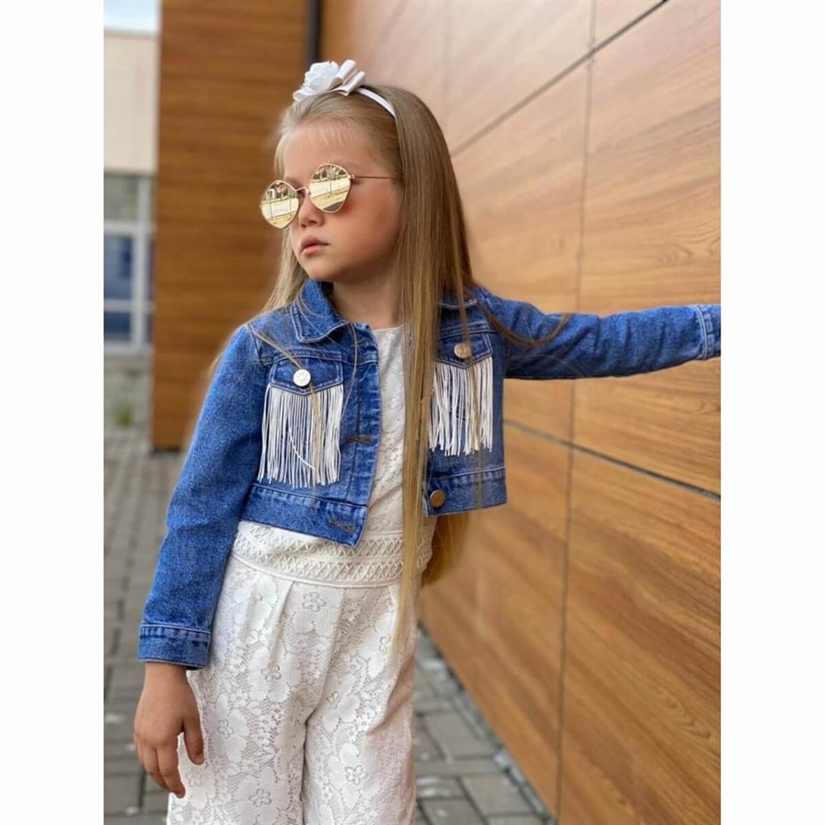 Kız Çocuk Püskül Ceketli Beyaz Tulum Takımı-Kız Çocuk Alt Üst Takım-QuzucukKids.com