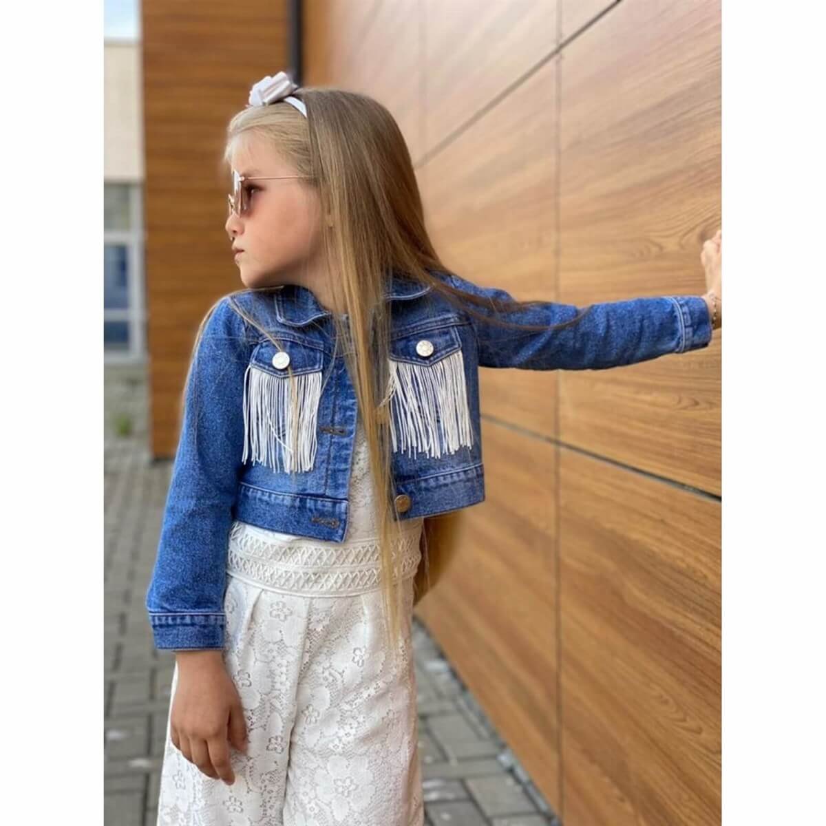 Kız Çocuk Püskül Ceketli Beyaz Tulum Takımı-Kız Çocuk Alt Üst Takım-QuzucukKids.com